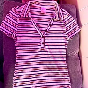 red, blue, and white short-sleeve shirt.Buttons in front top portion.Never worn!